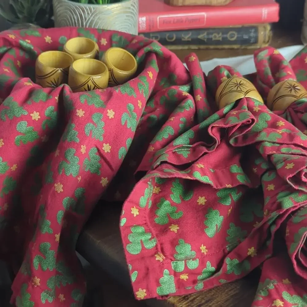 Kim Seybert Napkins Set of 6 Vintage Carved Napkin Rings Basket Liner Woodland